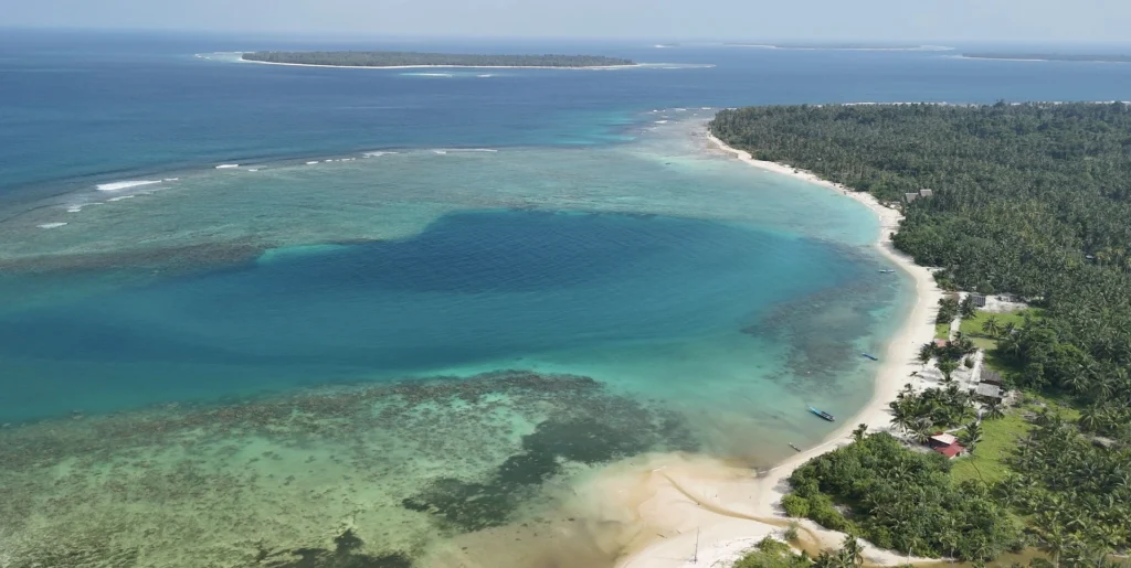 Aerial view of Hidden Bay and the surrounding reef, Mentawai Islands